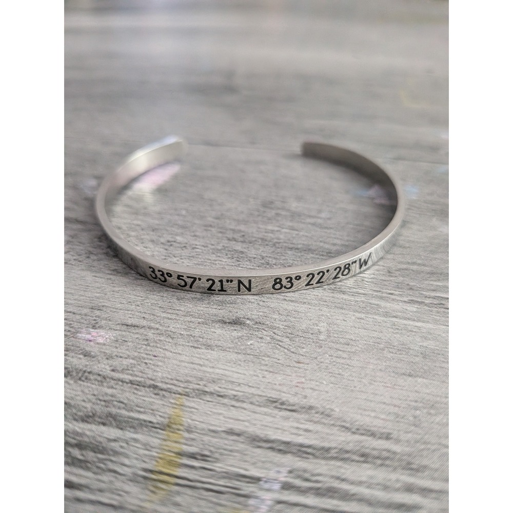 Silver Tone Engraved GPS Coordinates Cuff Bracelet Minimalist Jewelry